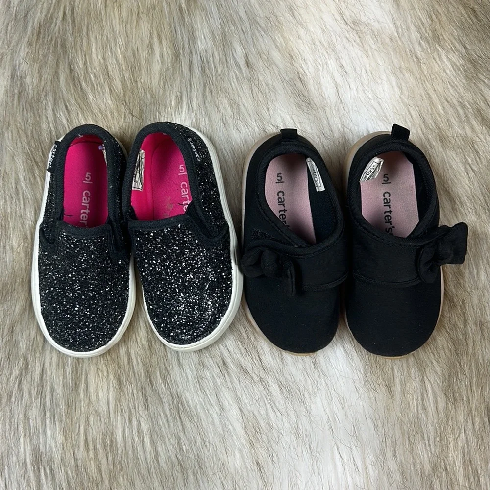 Carter’s Toddler Girls Shoes Size 5 Black Glitter Slip On & Bow Sneakers Lot